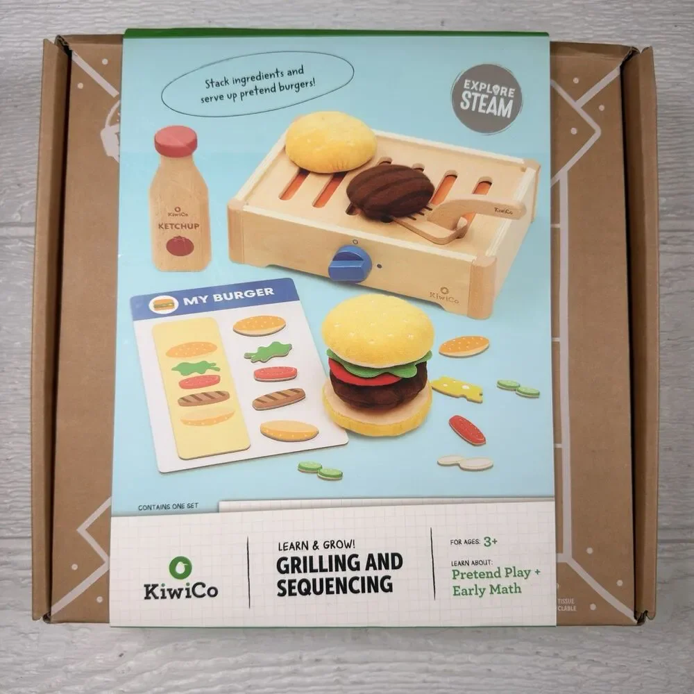 KiwiCo Kiwi Co Build-a-Burger Grill Pretend Play Wooden Toy Set New Ages 3+